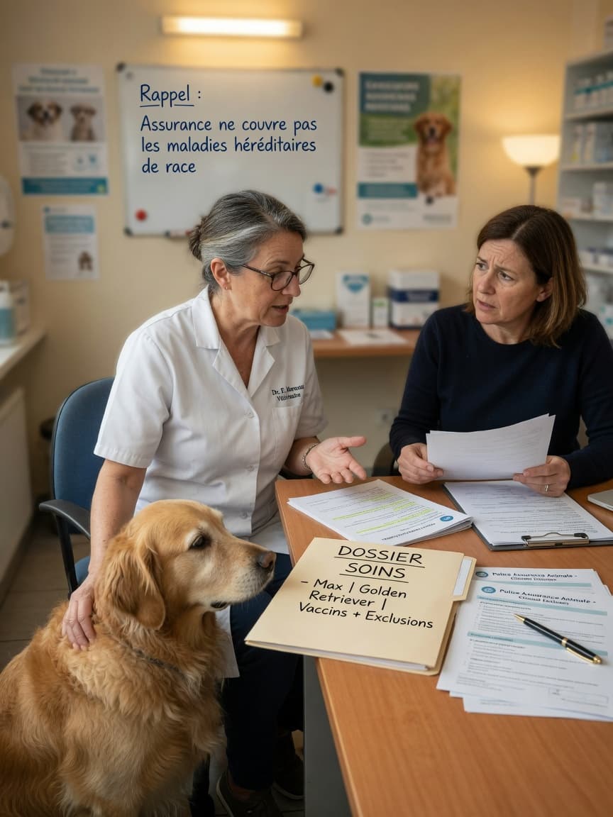 Veterinarian discussing pet insurance coverage with concerned pet owner at clinic desk