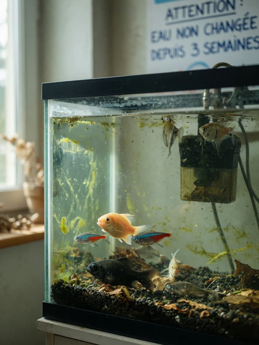 Cloudy aquarium with murky water, algae growth, and lethargic fish gasping at the surface, showing signs of Old Tank Syndrome