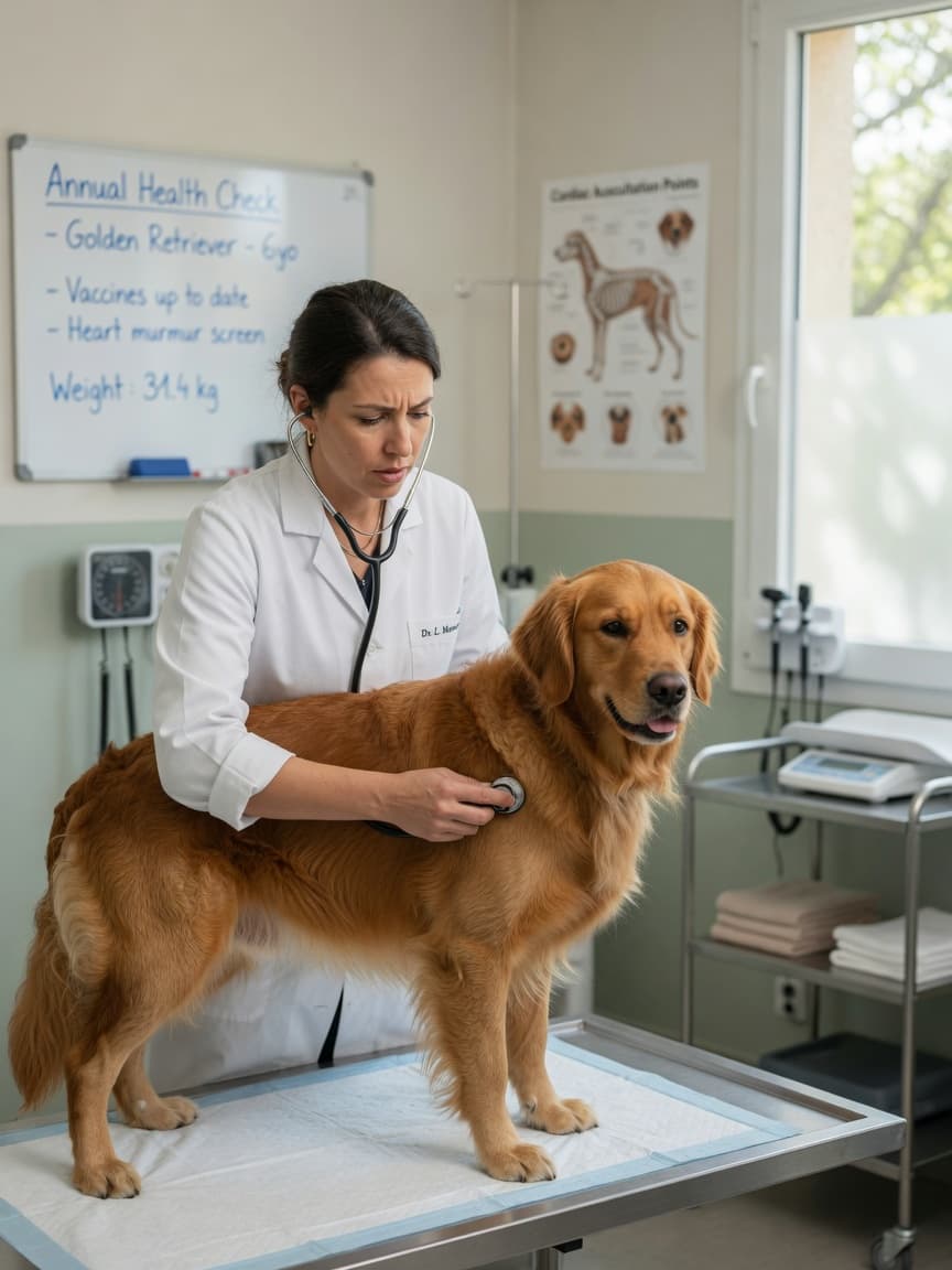 Veterinarian performing stethoscope examination on Golden Retriever during annual health check