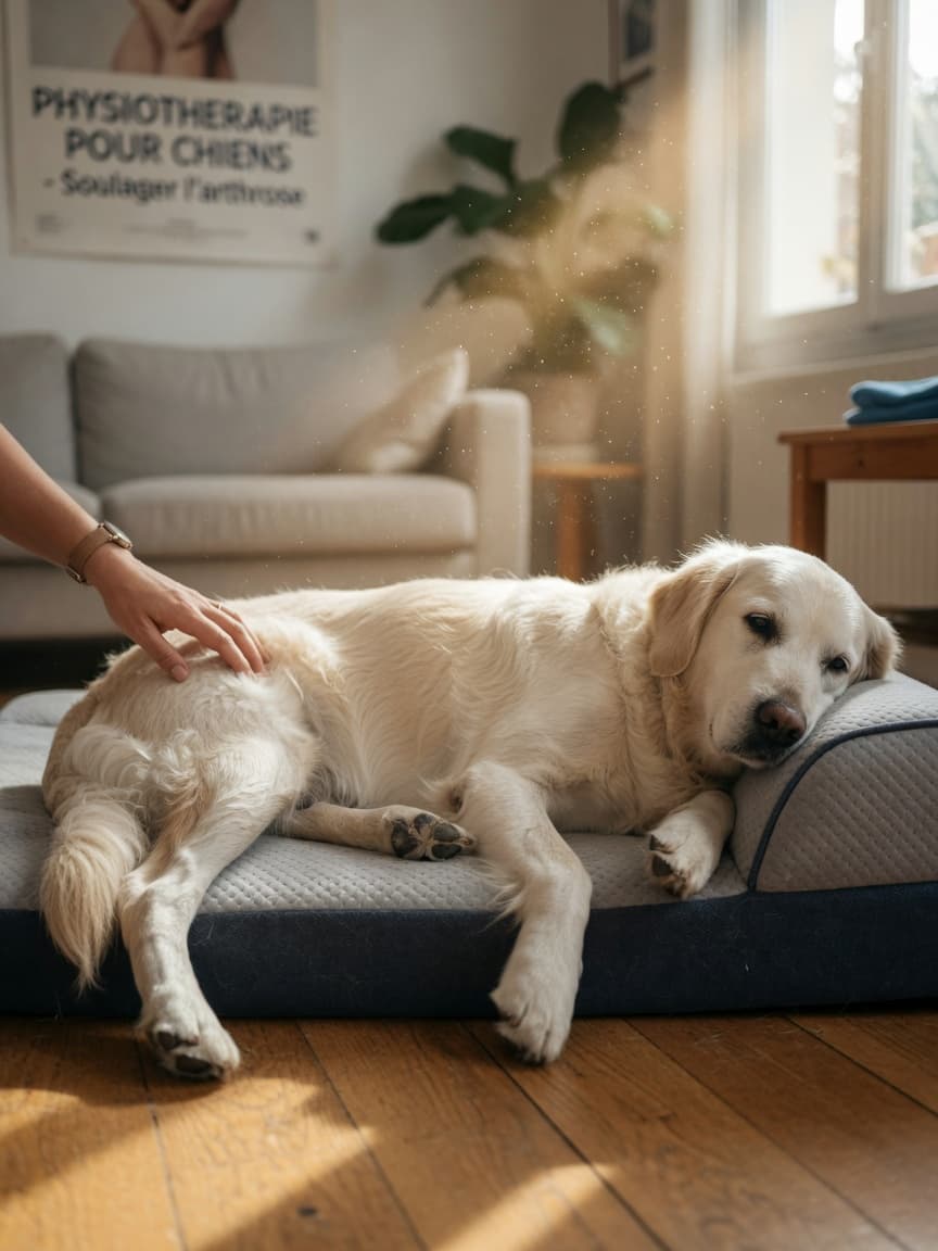Senior Golden Retriever receiving gentle hip joint examination from veterinarian on orthopedic bed in sunlit room