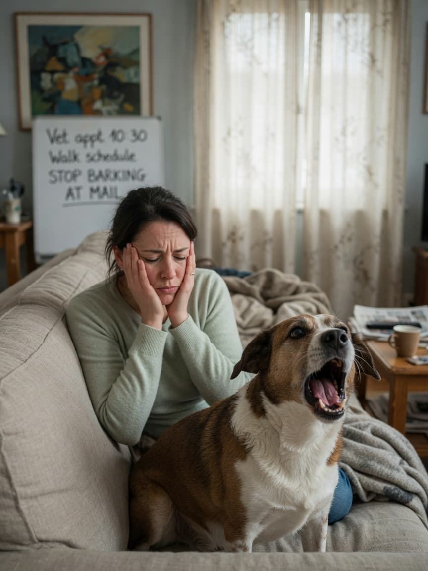 Frustrated dog owner sitting on couch with hands on face while an alert brown and white dog barks intensely in front