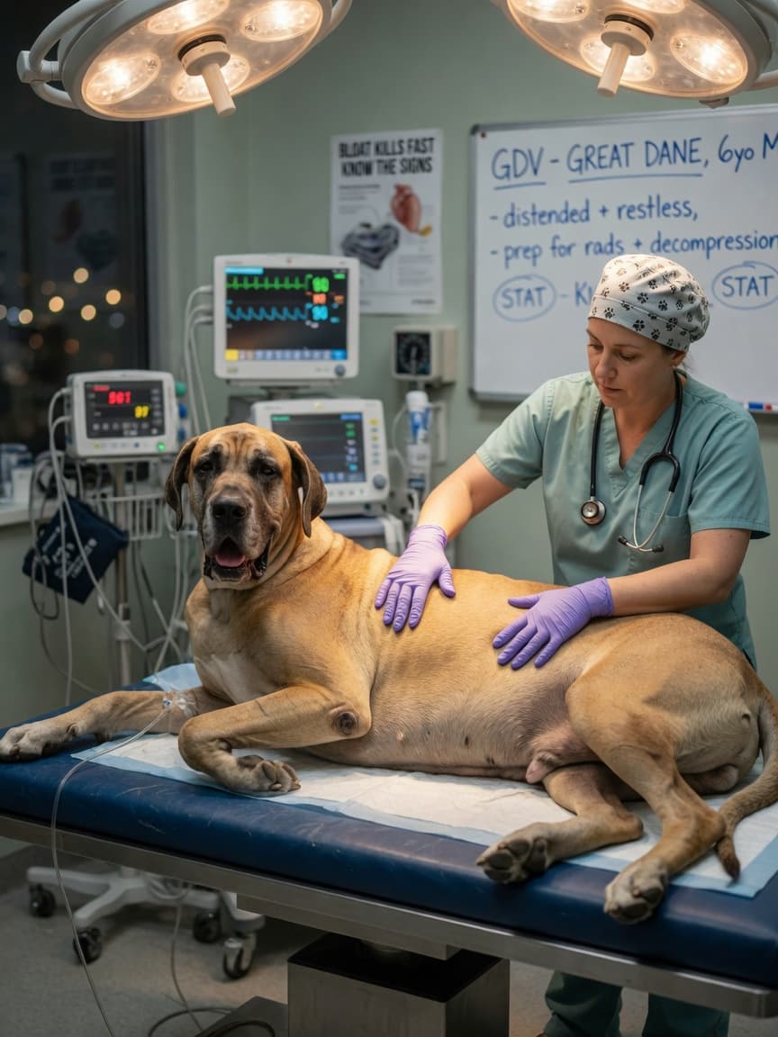 Great Dane with swollen abdomen being examined by veterinarian in emergency clinic during GDV crisis