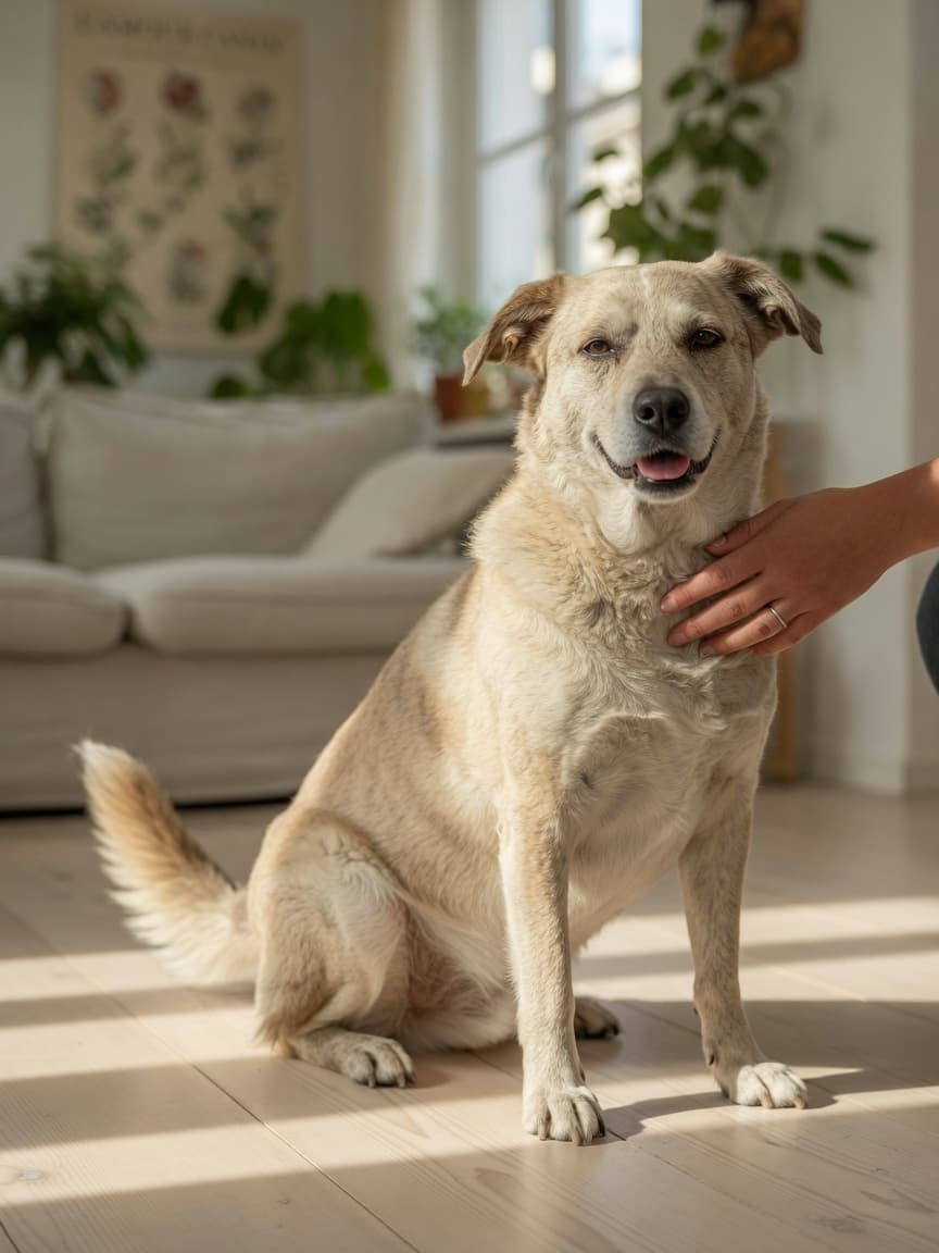 A calm dog displaying relaxed body language with soft eyes, natural ears, and gently wagging tail, sitting with owner's hand nearby in warm sunlight