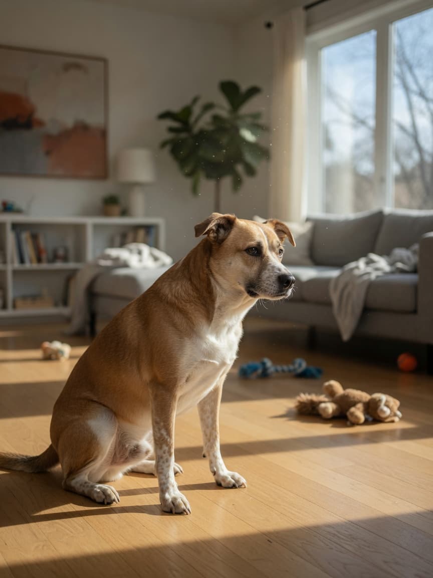 Bored dog staring out window with restless body language in empty living room