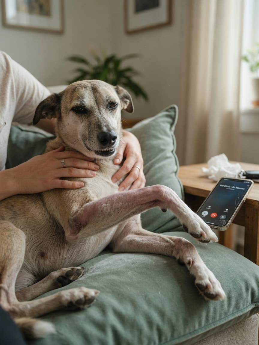 Dog with injured leg being carefully supported by owner's hands while resting indoors