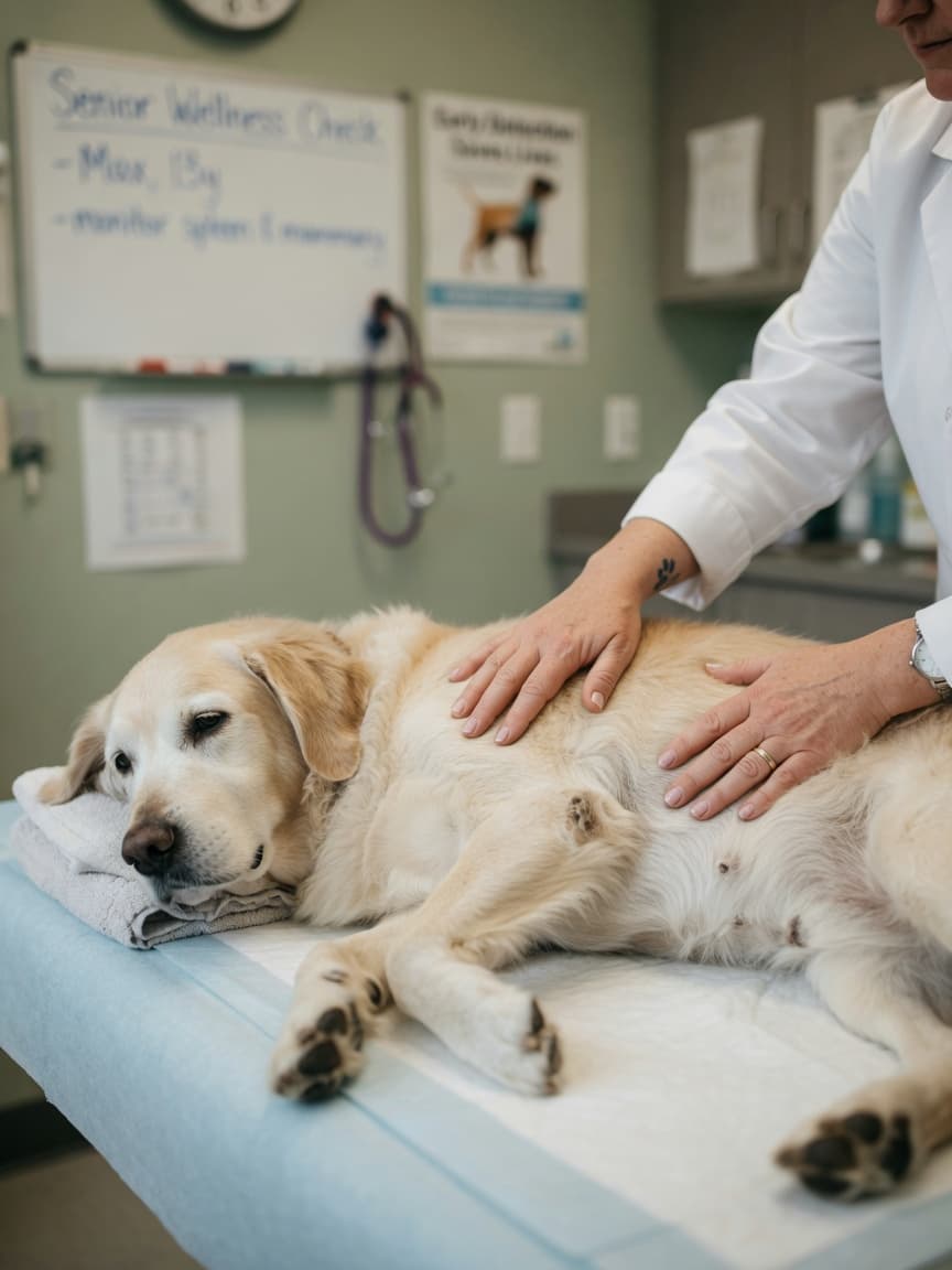 Veterinarian performing a physical examination on a senior golden retriever, carefully palpating the dog's body to check for lumps and abnormalities