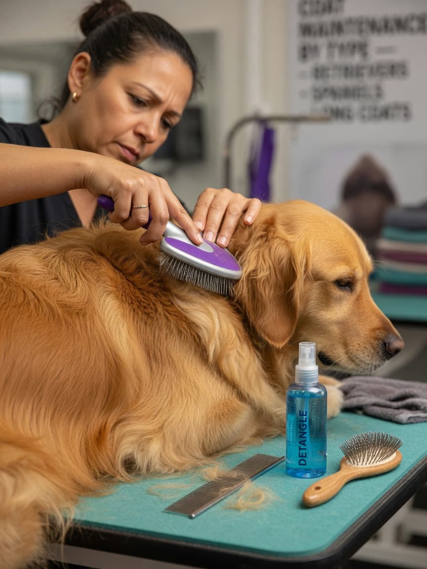 Professional dog groomer brushing a Golden Retriever's medium-length coat with grooming tools arranged on the table