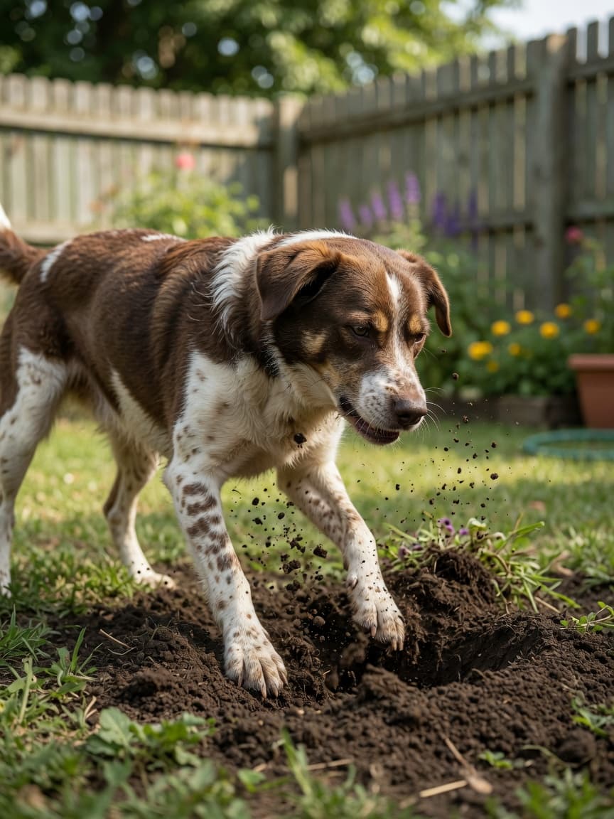 Dog actively digging in soil in a backyard garden with dirt flying
