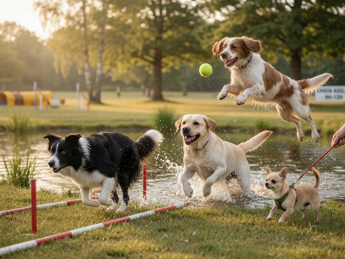 Four different dog breeds exercising in a sunlit park: Border Collie running through agility poles, Labrador swimming, Springer Spaniel retrieving, and small Chihuahua trotting on lead.