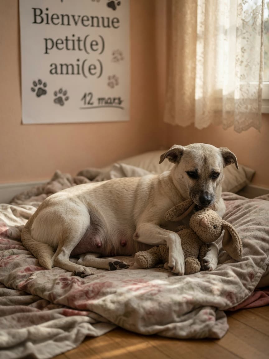 Female dog with false pregnancy nesting with a soft toy, demonstrating maternal behaviour and visible mammary gland enlargement