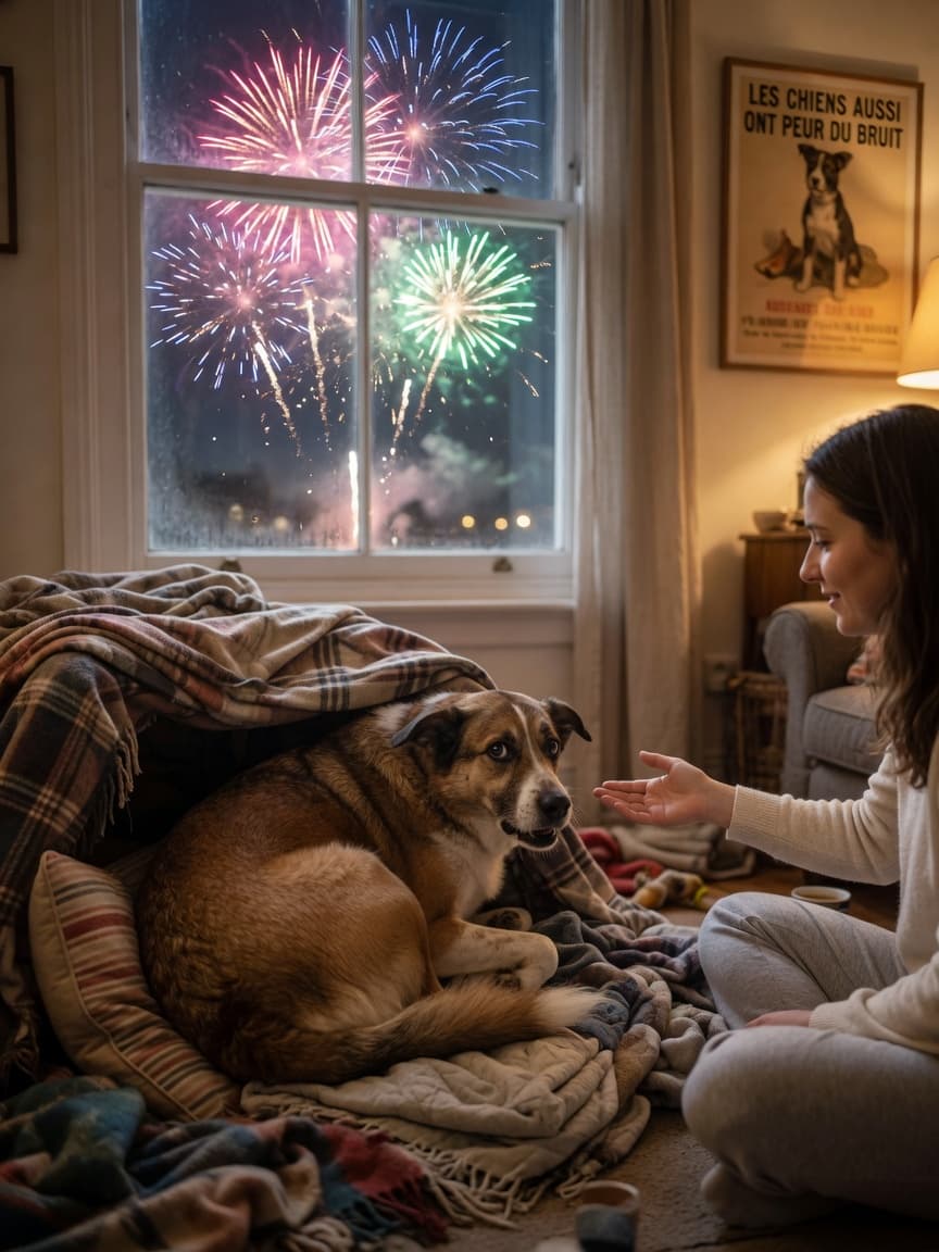 Frightened dog hiding in a blanket den with fireworks flashing outside the window, owner nearby looking calm
