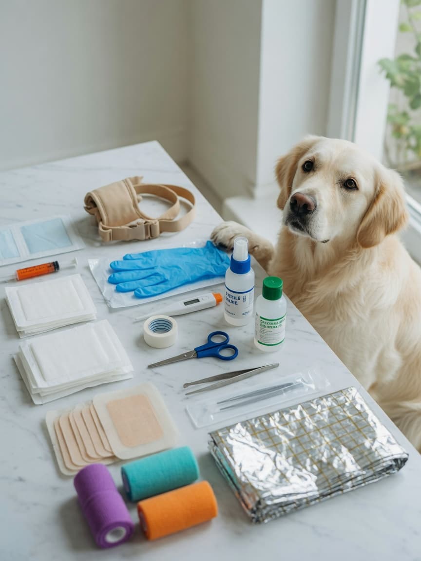 Dog first aid kit organized on a white surface with gauze, bandages, scissors, thermometer, and saline solution beside a gentle golden retriever