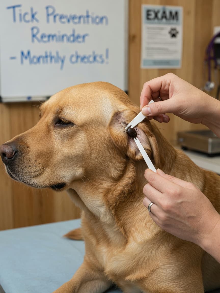 Veterinary technician using a tick hook to remove a tick from a golden Labrador's ear during a professional examination