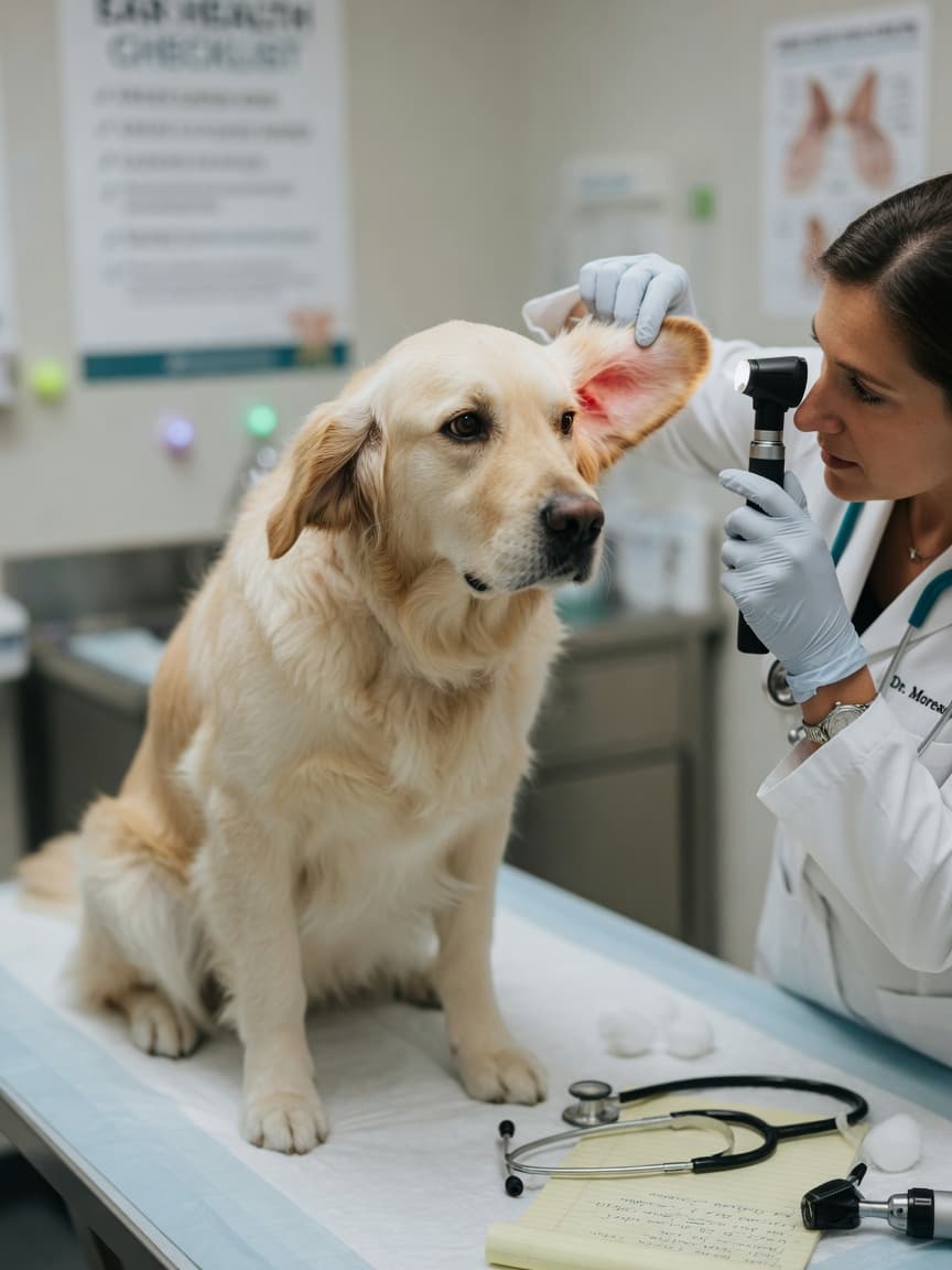 Veterinarian examining a dog's ear with an otoscope during a diagnostic appointment for suspected food allergies