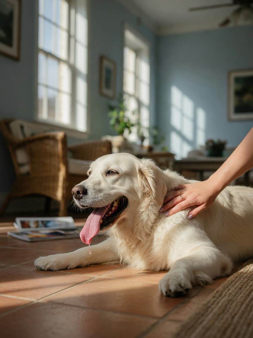 Golden retriever showing signs of heat stroke, panting heavily and lying on cool floor with owner's concerned hand nearby