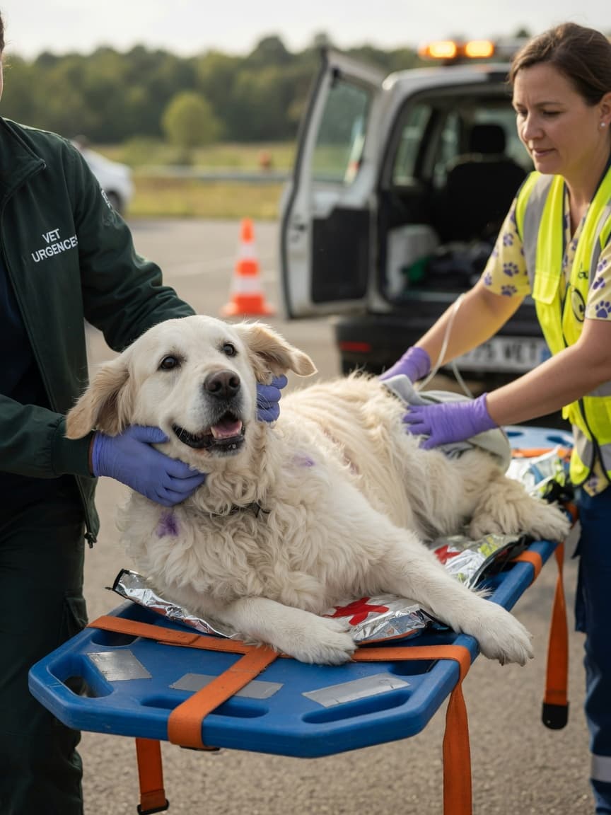 Golden Retriever being carefully transported on a stretcher by two handlers in emergency response after a car accident, head stabilized and body supported.