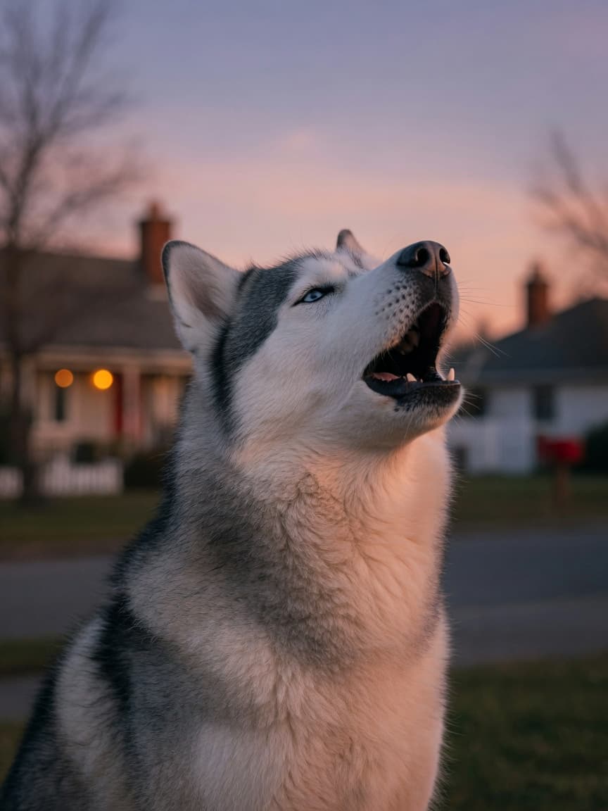 Siberian Husky with blue eyes and gray-white coat howling with head tilted back during golden hour