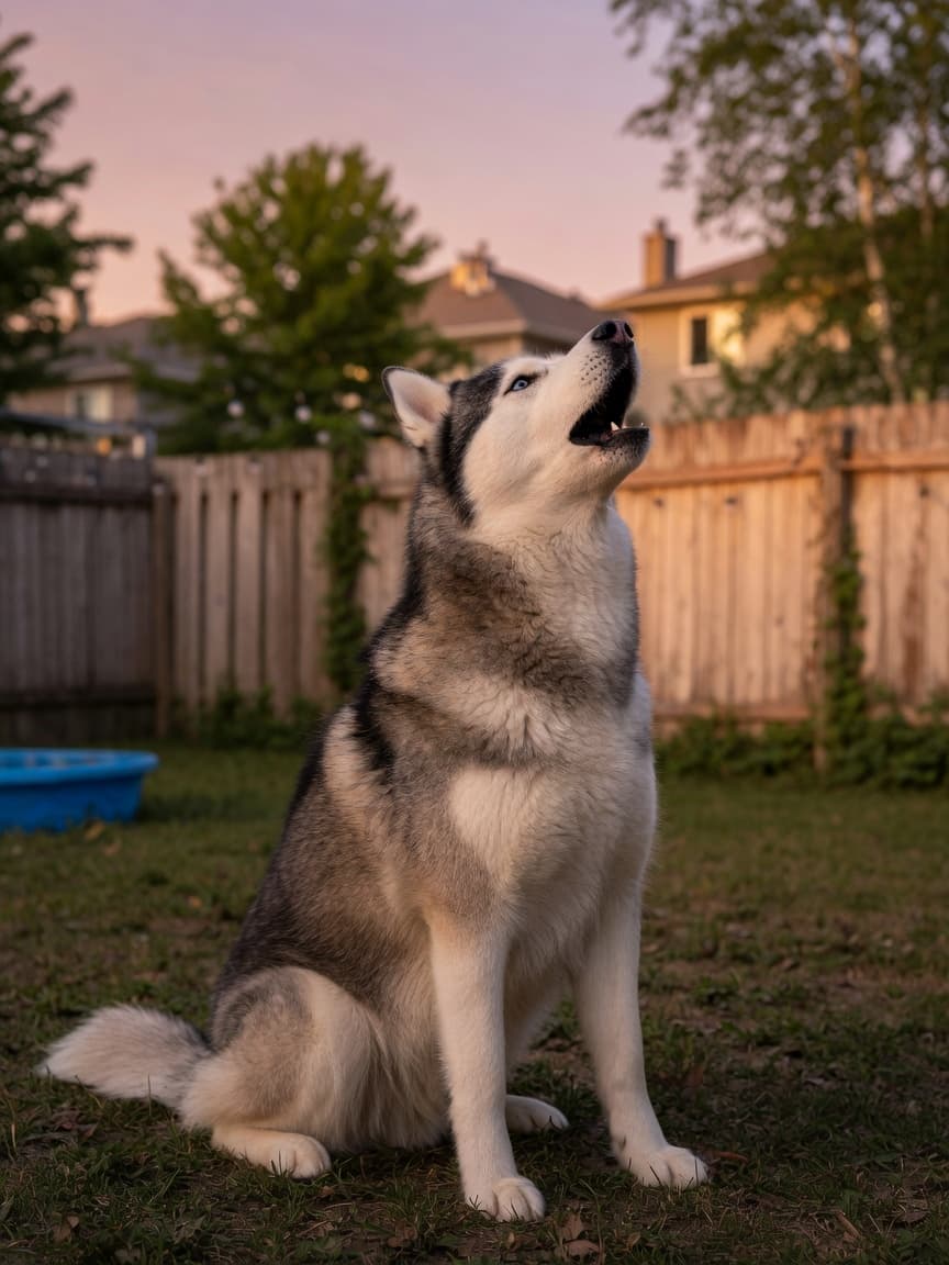 A Husky howling in a backyard at golden hour, demonstrating natural ancestral canine communication behavior