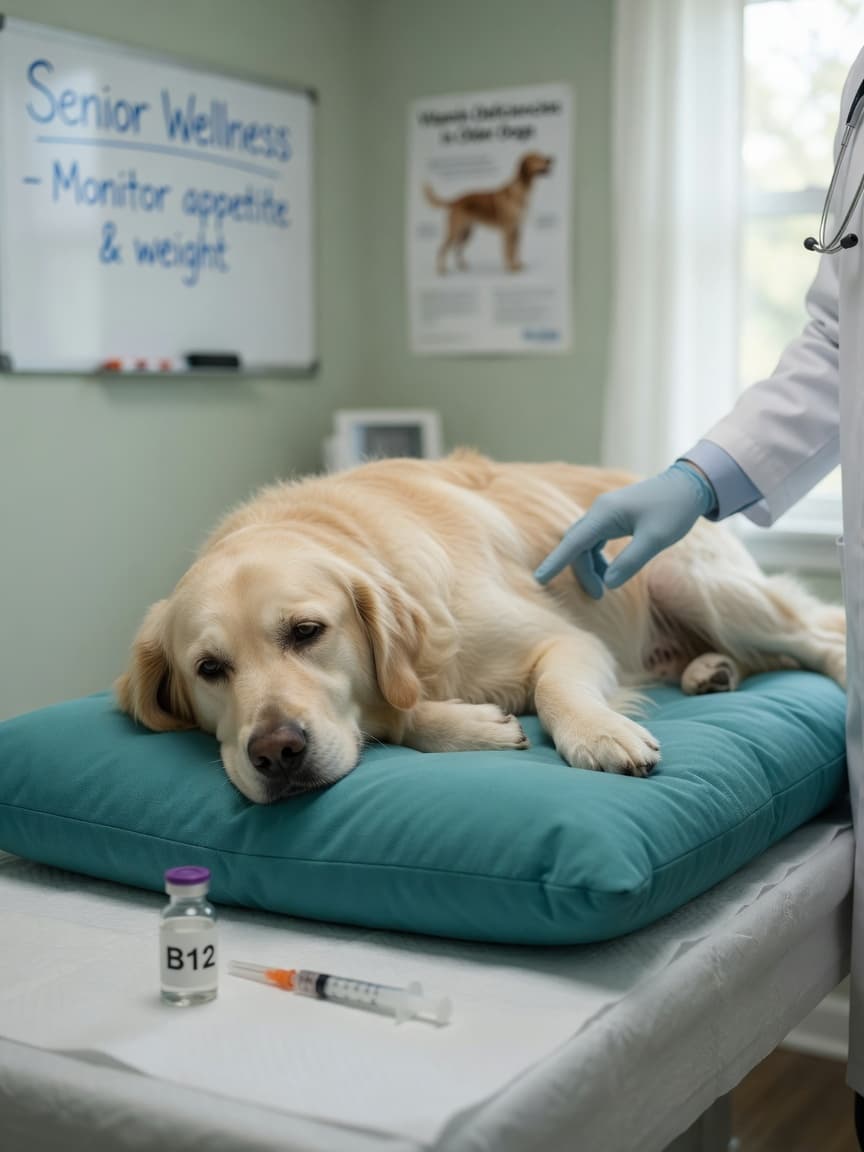 Veterinarian examining an unwell golden retriever during a gastrointestinal examination, with syringe visible on exam table