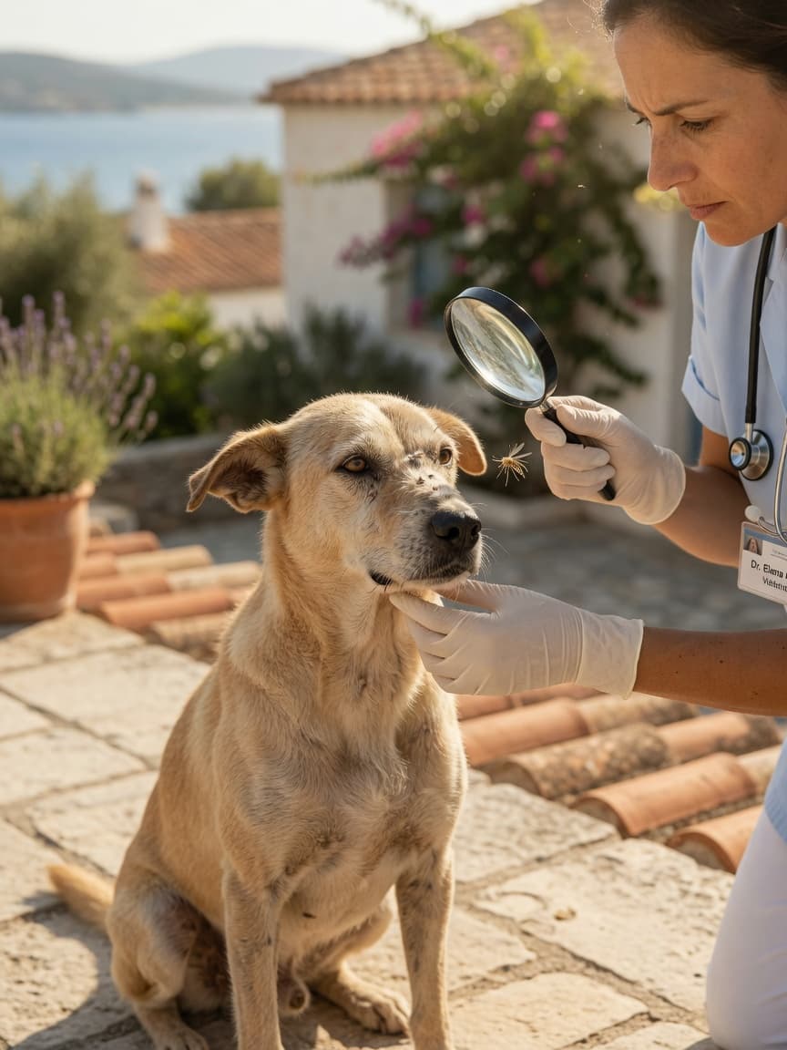 Veterinarian examining a dog's face for leishmaniasis symptoms on a Mediterranean patio