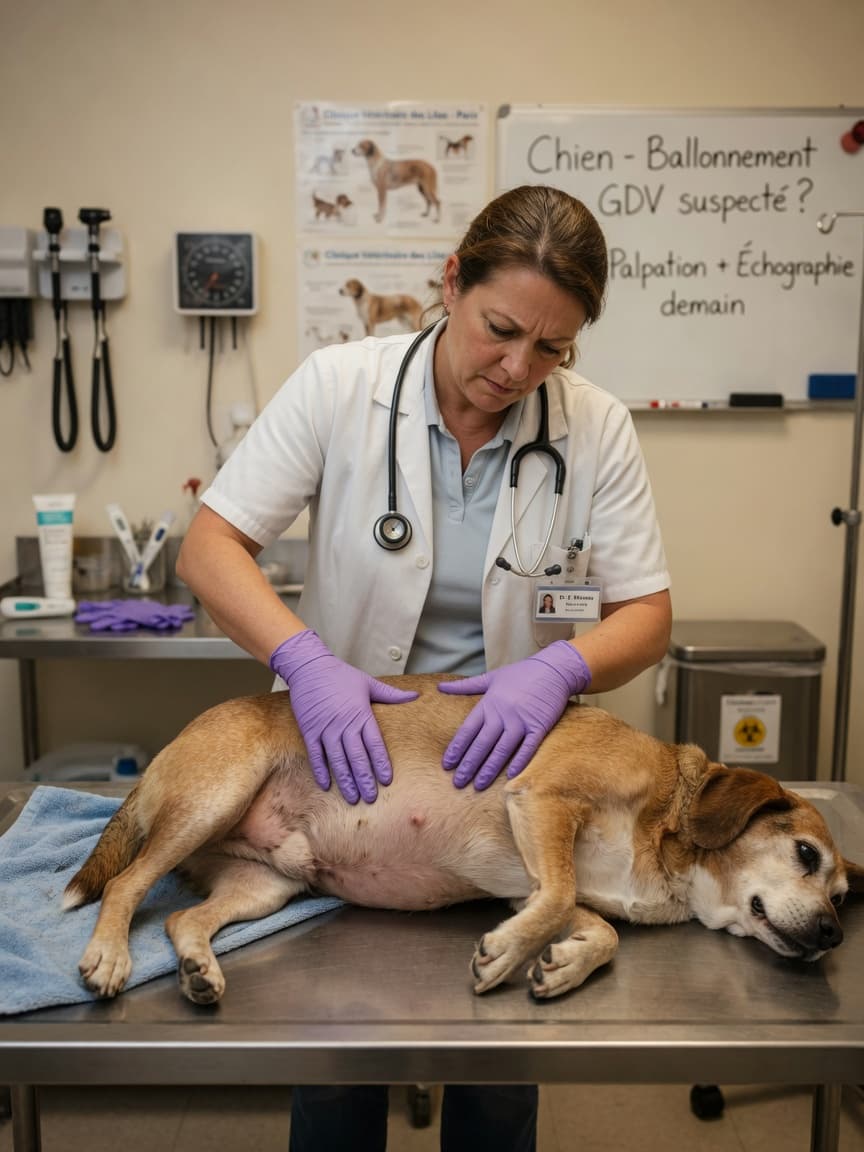 Veterinarian examining a dog's distended abdomen on an examination table, performing diagnostic palpation for megacolon