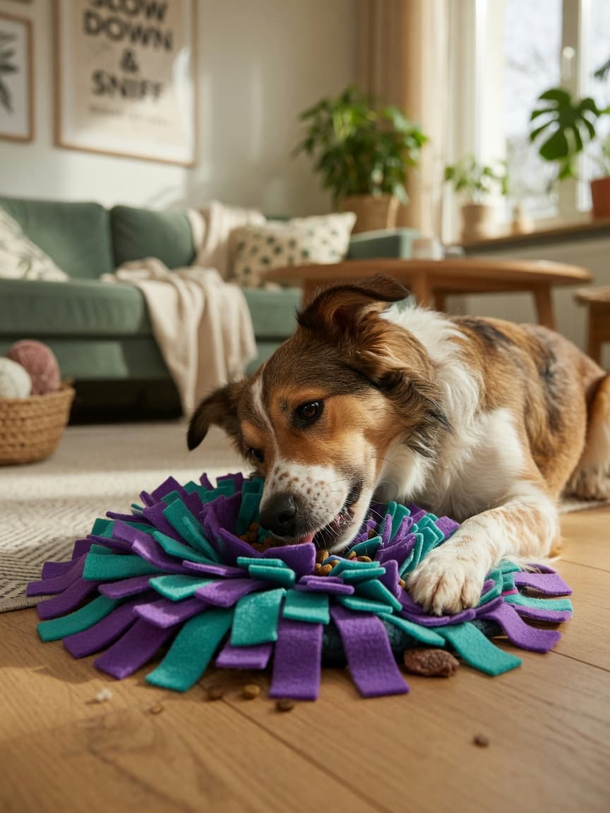 Dog engaging with snuffle mat, searching for hidden treats in fabric strips during mental enrichment activity