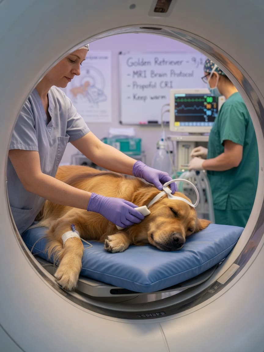 Golden retriever positioned inside an MRI scanner with veterinary staff monitoring during the procedure