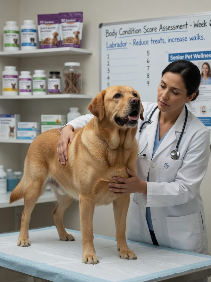 Veterinarian performing a body condition score assessment on an overweight Labrador Retriever during a health examination