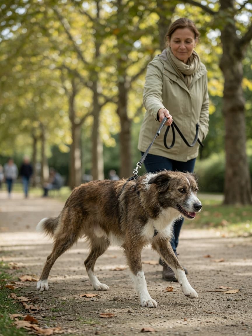 Dog pulling hard on leash during walk with owner holding firm, demonstrating the pulling behavior that needs correction