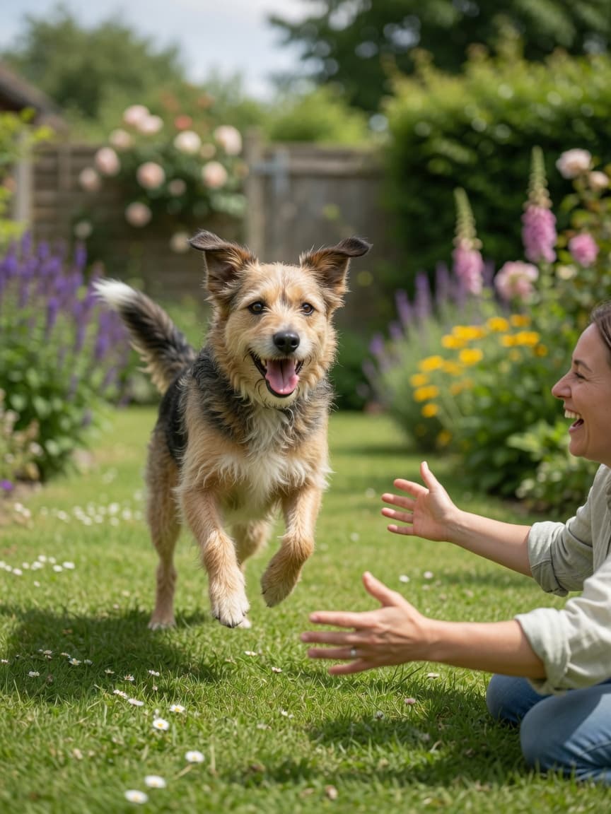 Dog running toward owner in garden during successful recall training