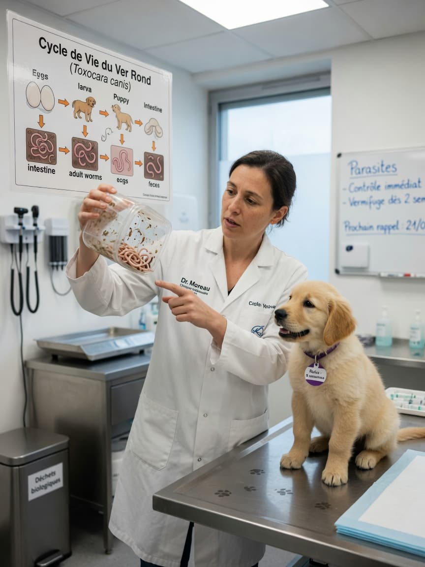 Veterinarian examining roundworm samples during a puppy parasite diagnostic consultation