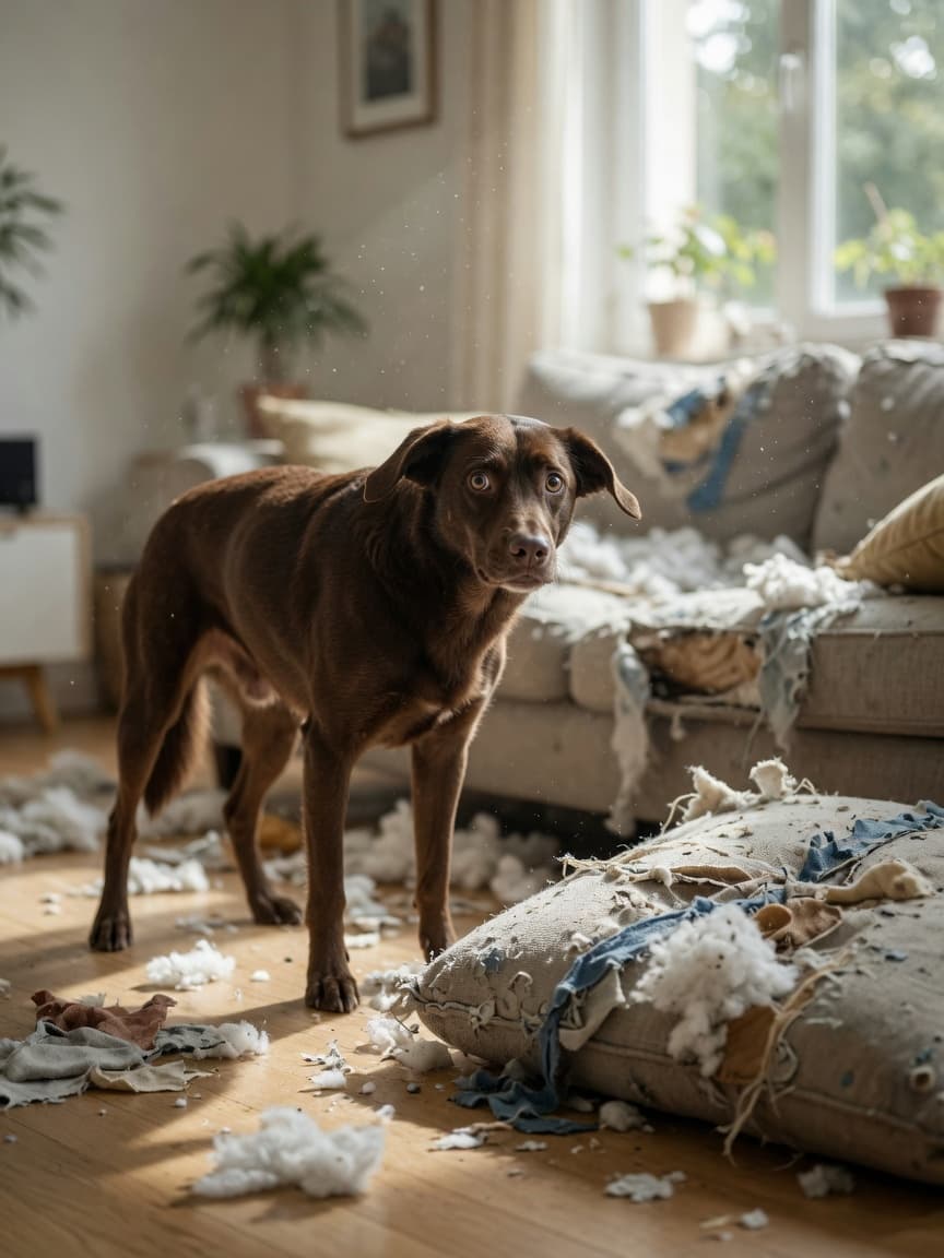 Anxious dog standing near torn sofa cushions, depicting separation anxiety behavior