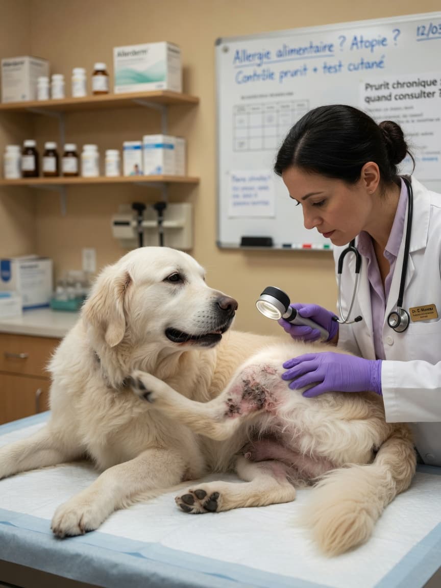 Golden Retriever being examined by a veterinary dermatologist for skin allergies on examination table