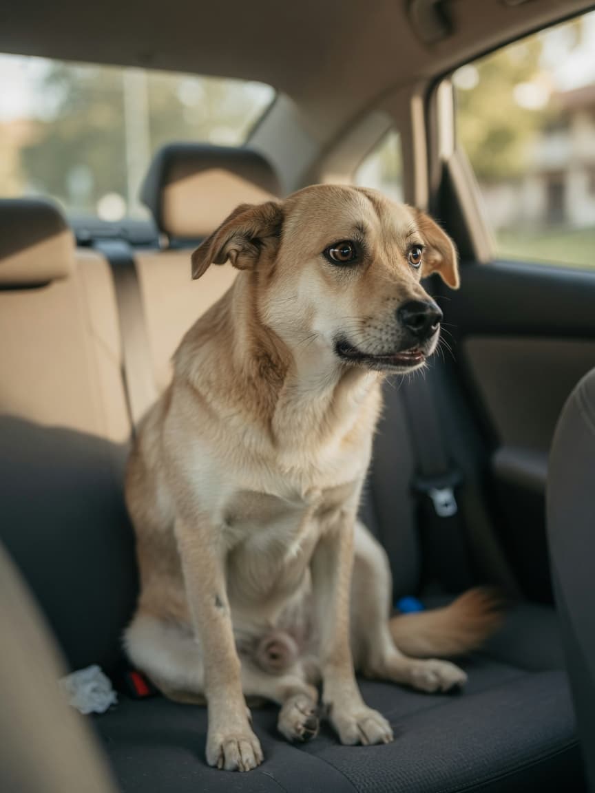 Anxious dog trembling in car back seat during travel