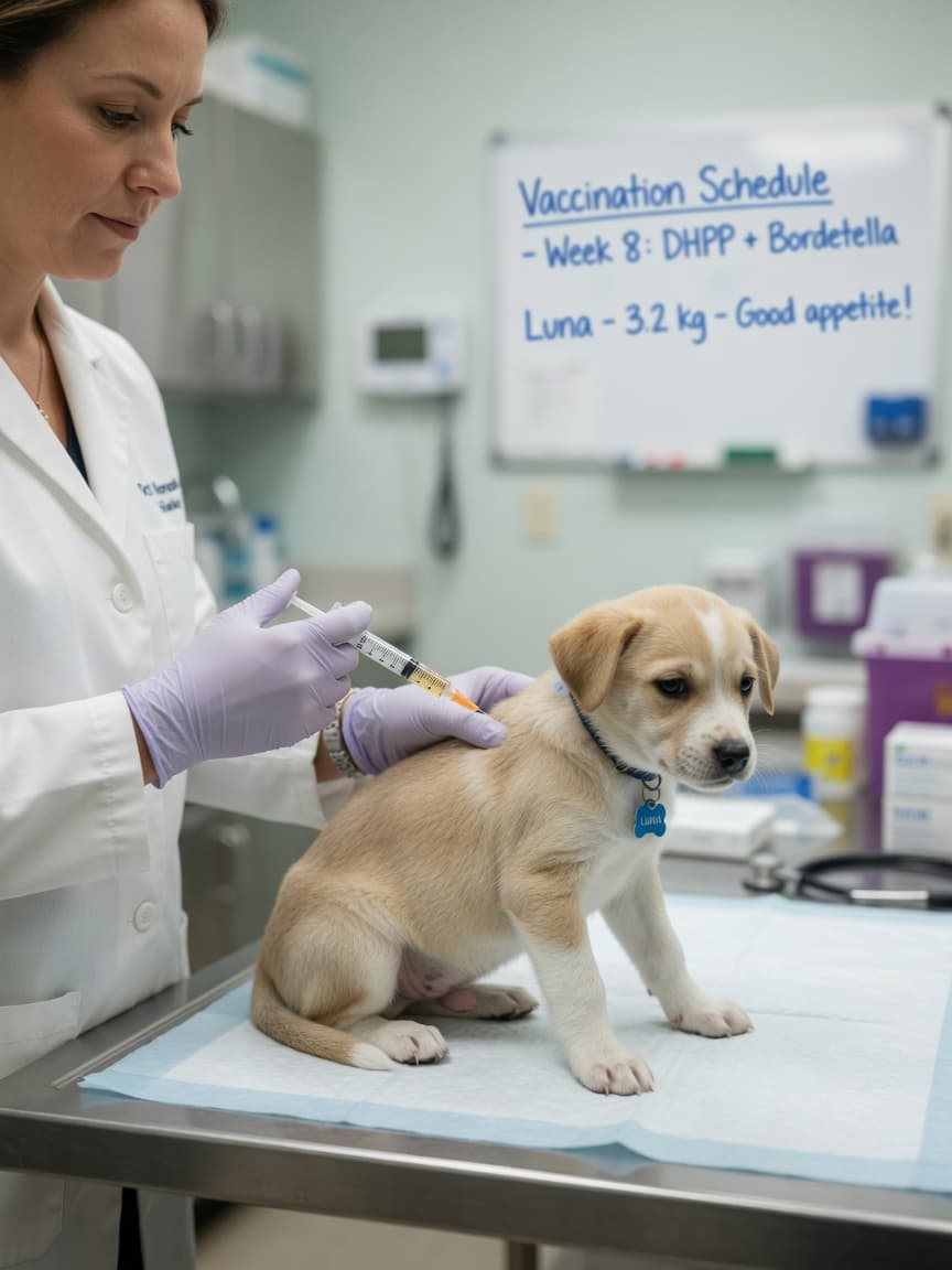 Veterinarian administering vaccination injection to a calm puppy on an examination table