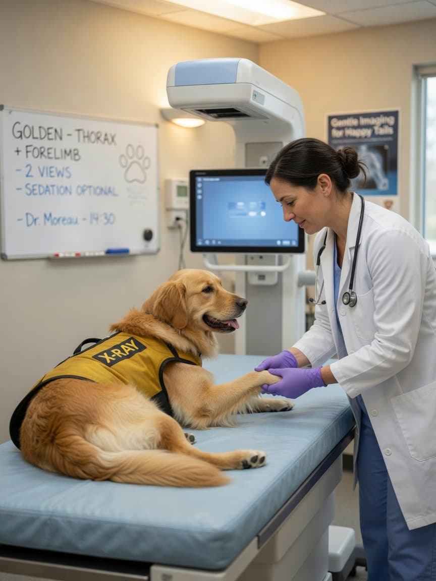 Golden retriever being gently positioned on veterinary X-ray table by a veterinarian for radiography