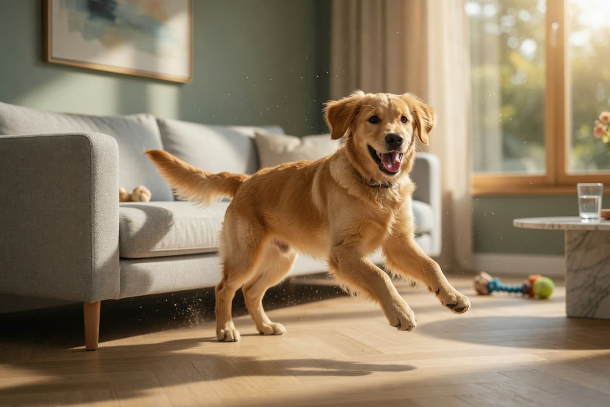 Young golden retriever in full-speed zoom with tucked hindquarters and flattened ears, skidding around a living room sofa with pure joy on its face