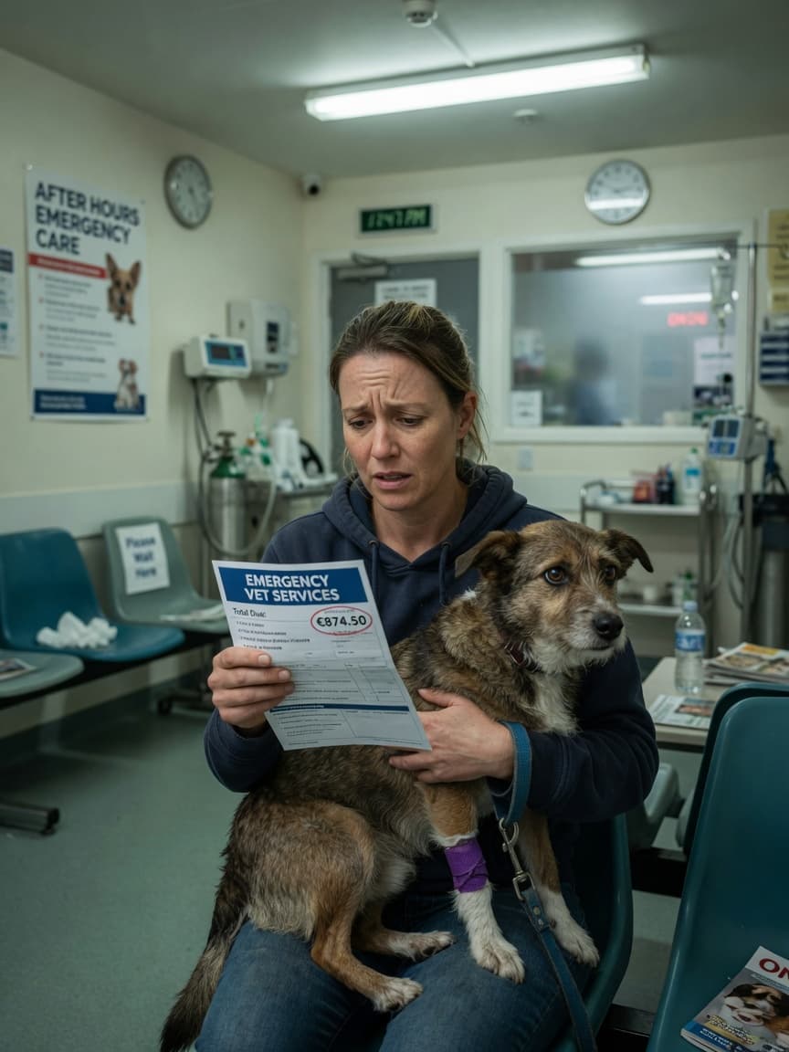 Pet owner in emergency vet clinic waiting room holding their dog while reviewing a medical bill, looking worried and stressed about emergency vet costs