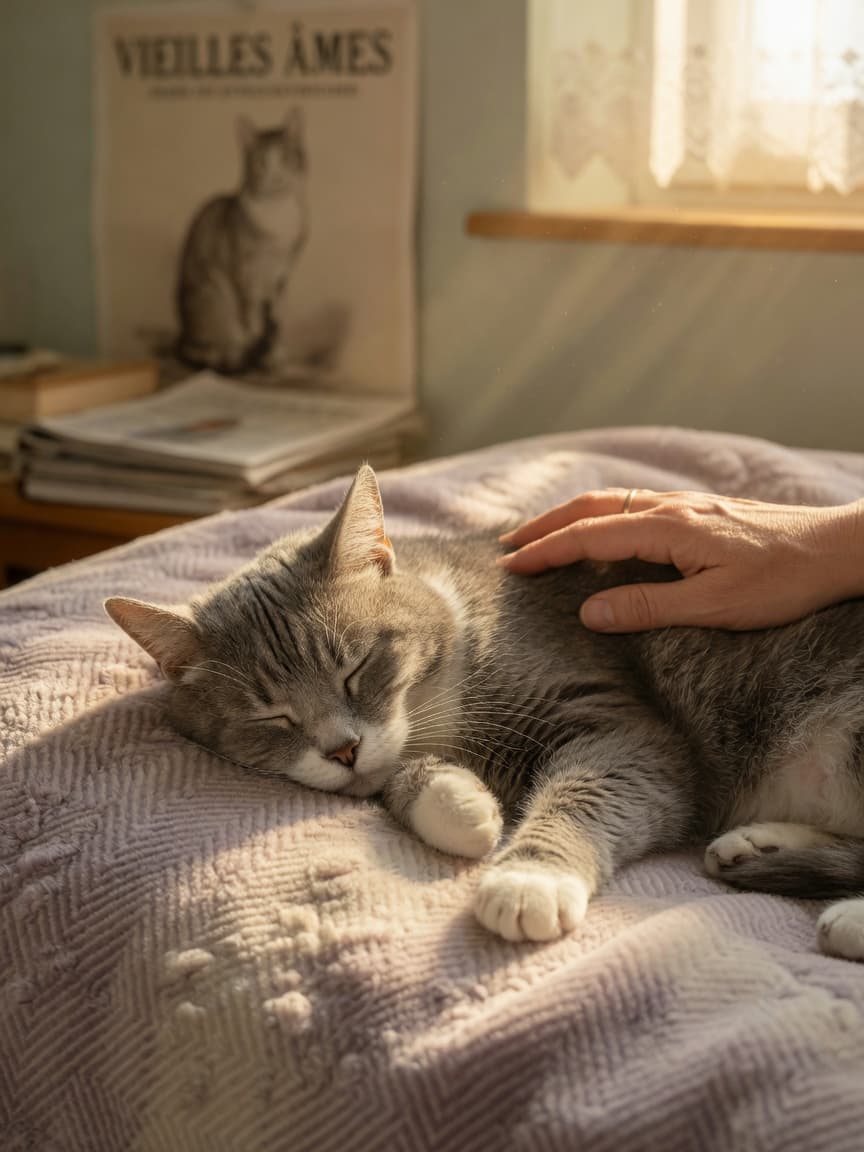 Elderly cat resting peacefully on soft blanket with owner's hand gently on its back, bathed in warm window light