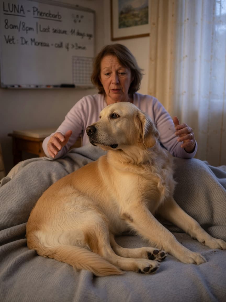 Golden Retriever experiencing a seizure on a grey blanket with owner's concerned hands nearby, warm indoor lighting