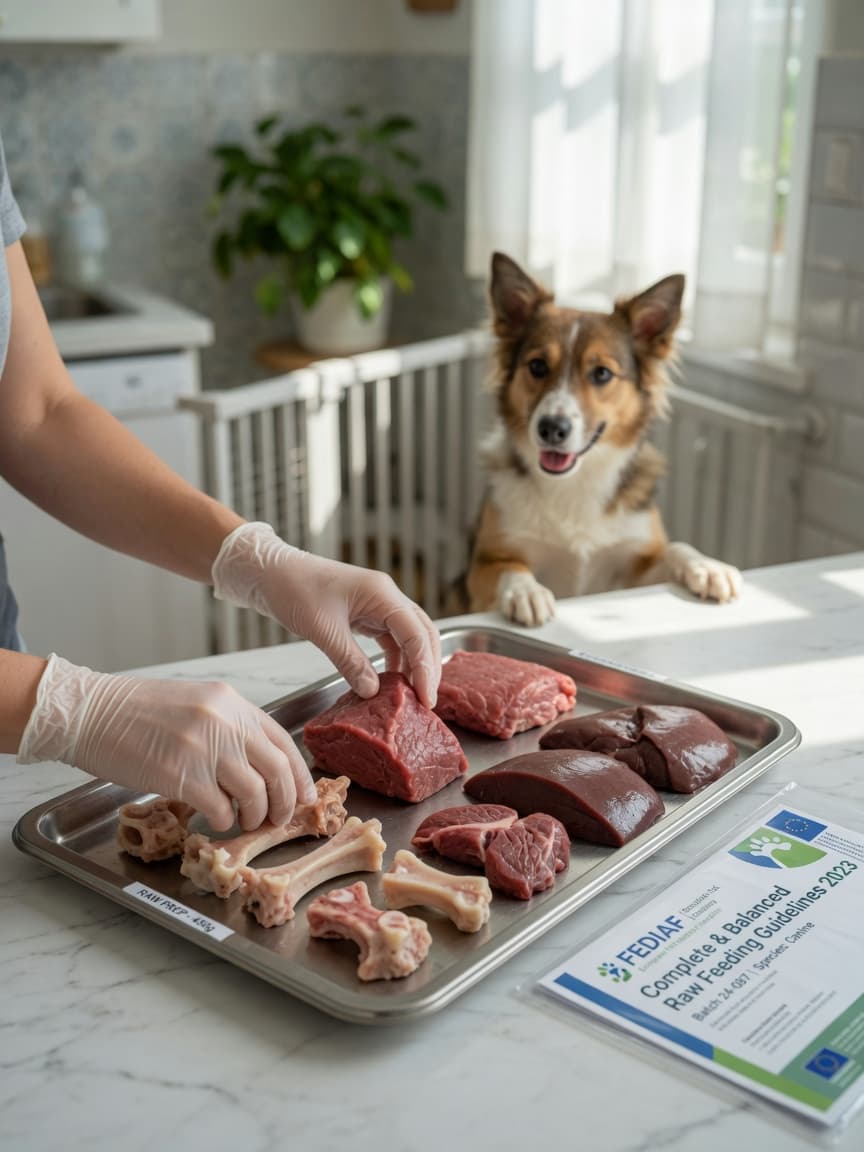 Raw pet food meal preparation in a European kitchen with raw meat, organs, and bones on a stainless steel tray, with a dog watching safely from behind a gate