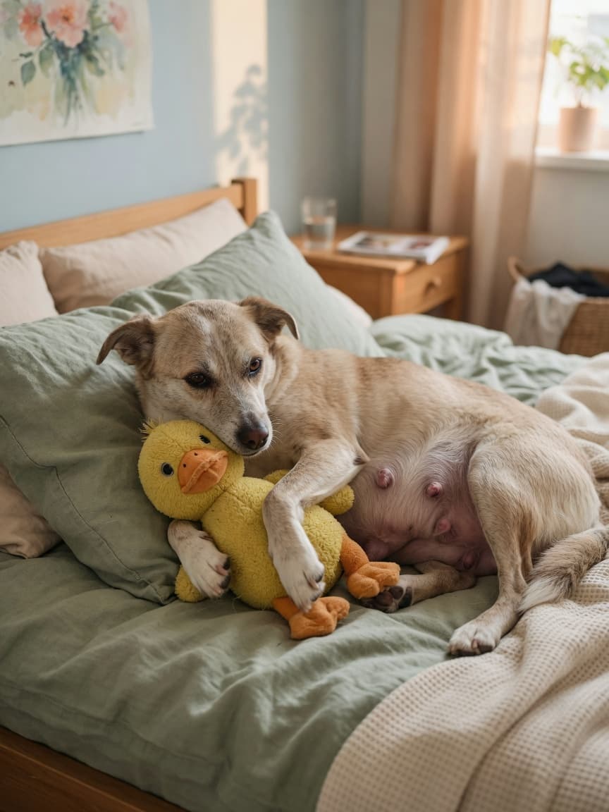 Female dog showing signs of false pregnancy, cradling a soft toy protectively while resting on a bed