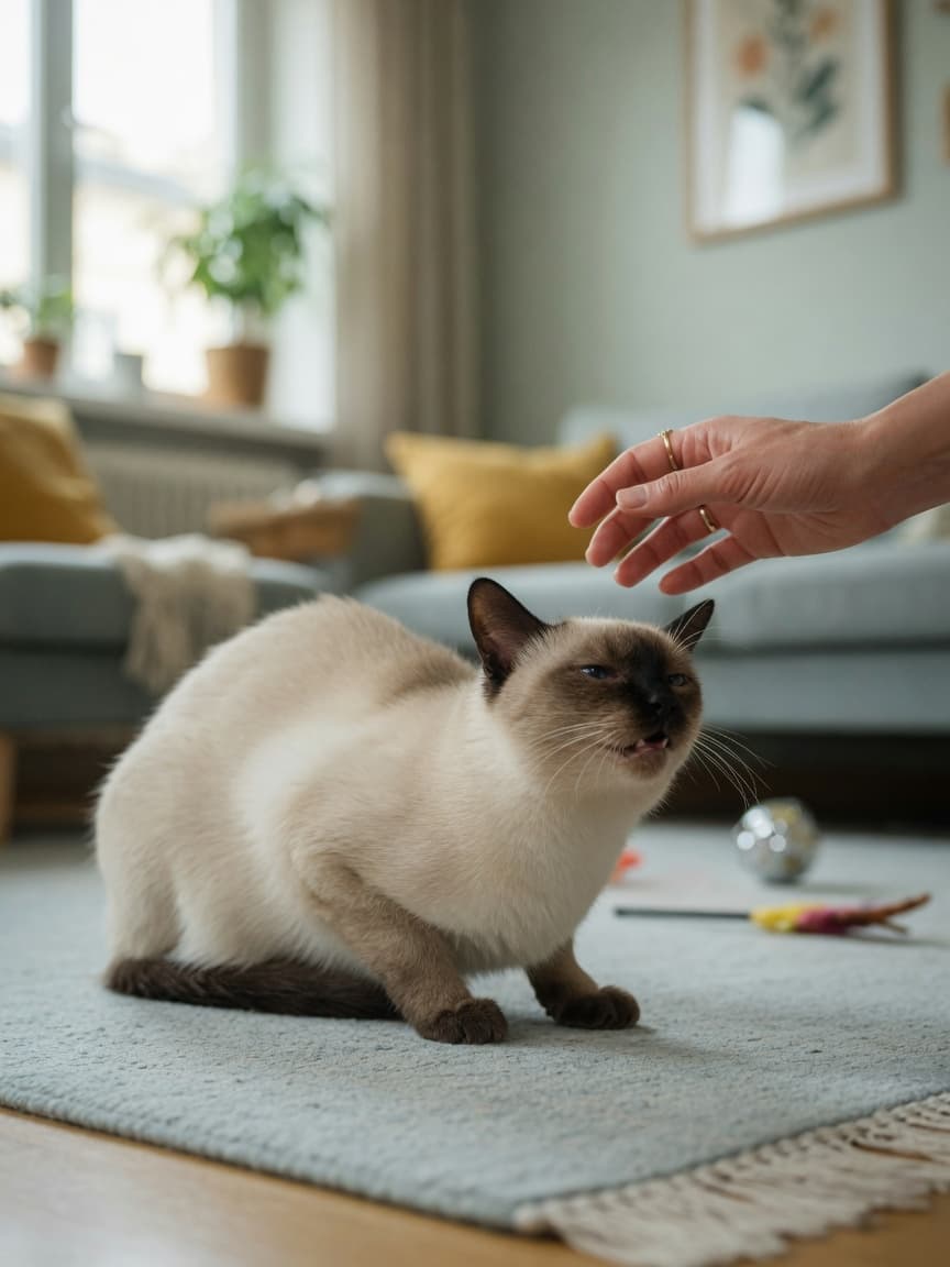 Siamese cat crouched low with extended neck, struggling to breathe during an asthma episode, with owner's concerned hand nearby
