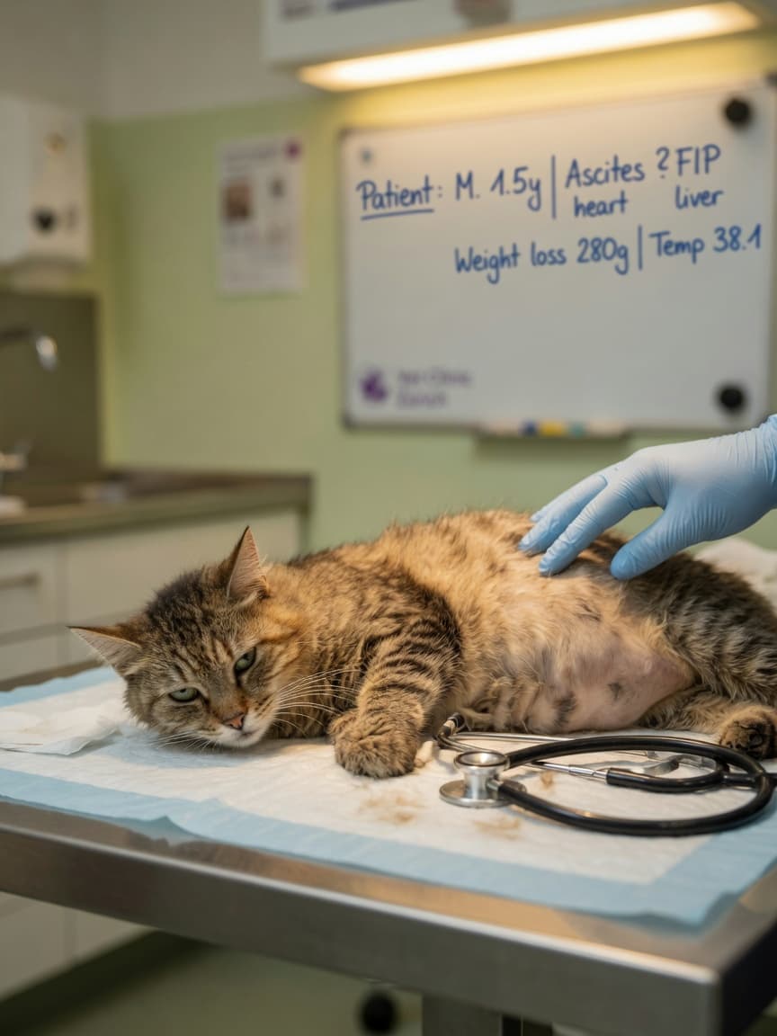 Young tabby cat undergoing abdominal examination by veterinarian, showing signs of fluid accumulation typical of FIP