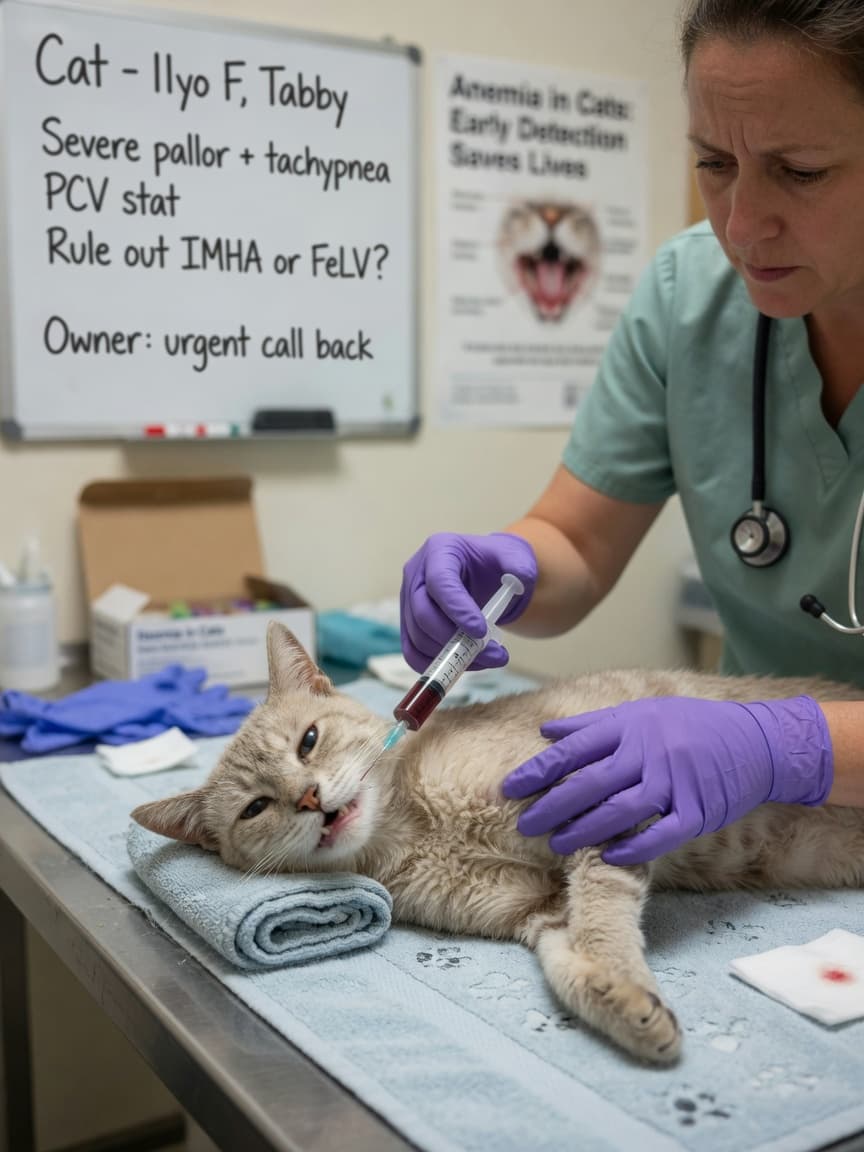 Veterinarian collecting blood sample from a pale, lethargic tabby cat for Mycoplasma haemofelis testing