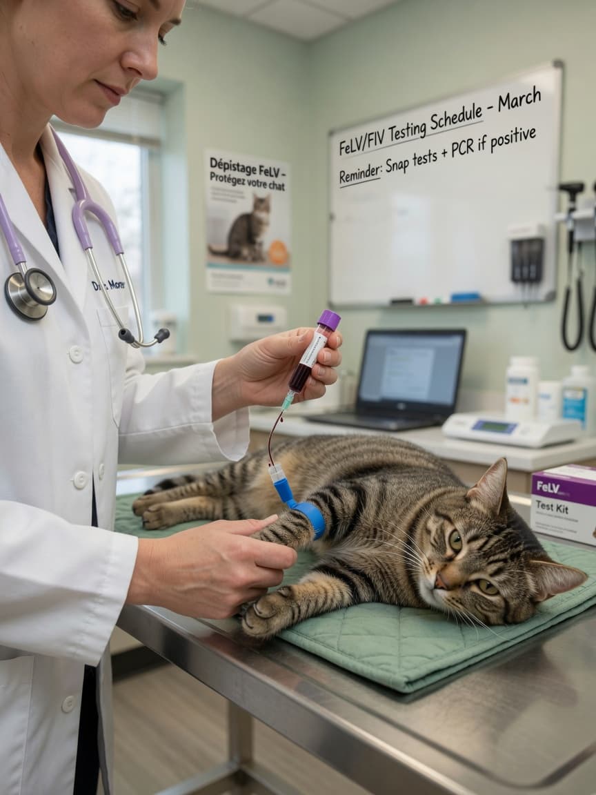 Veterinarian performing blood draw on tabby cat for FeLV testing during clinical examination