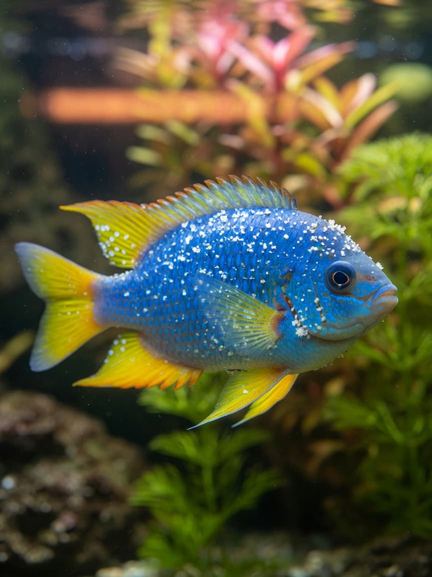 Close-up of a tropical aquarium fish displaying white spot disease with visible white granular spots across its body and fins