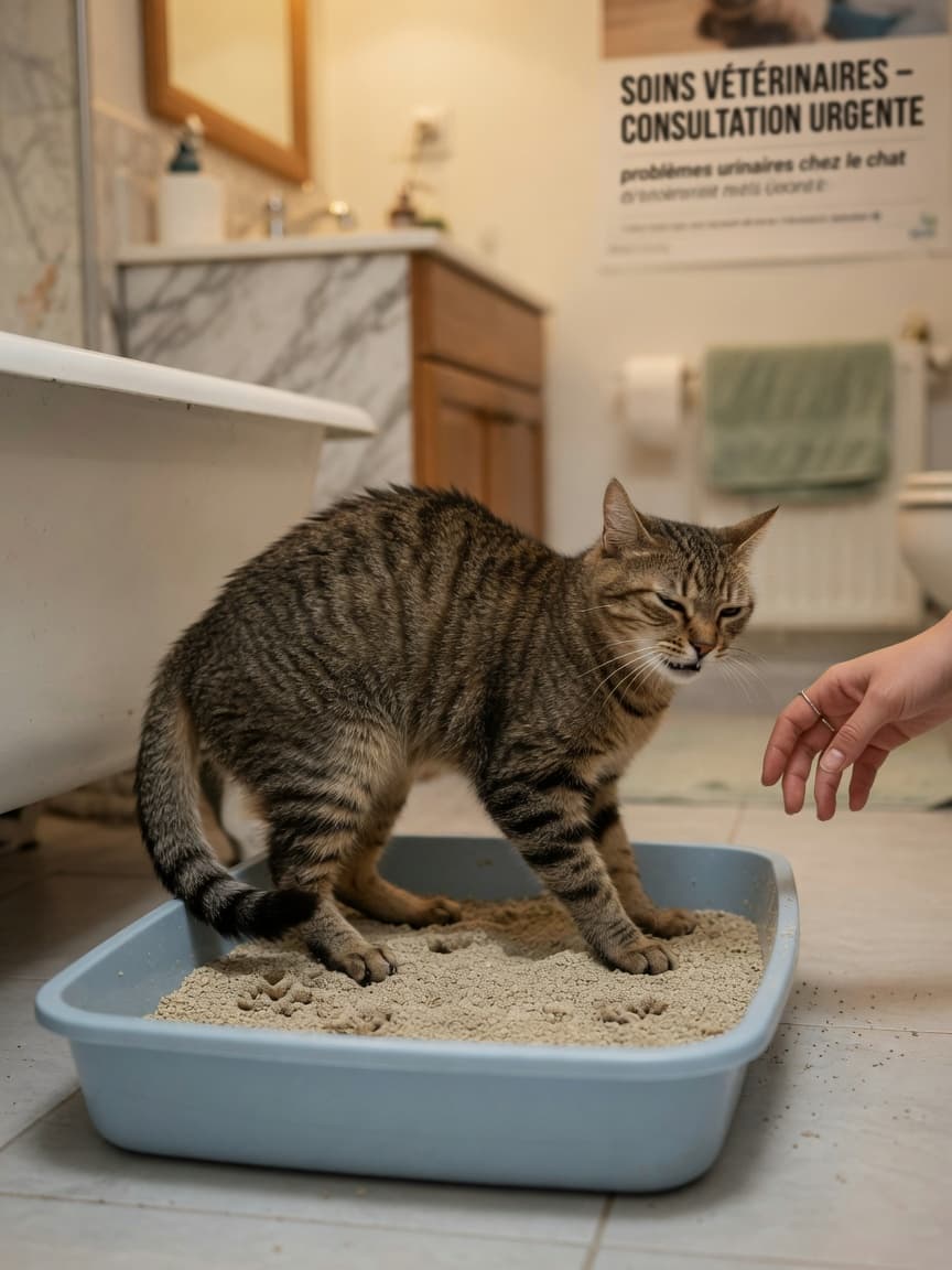 A tabby cat showing signs of strain in a litter tray, illustrating urinary distress from FLUTD.