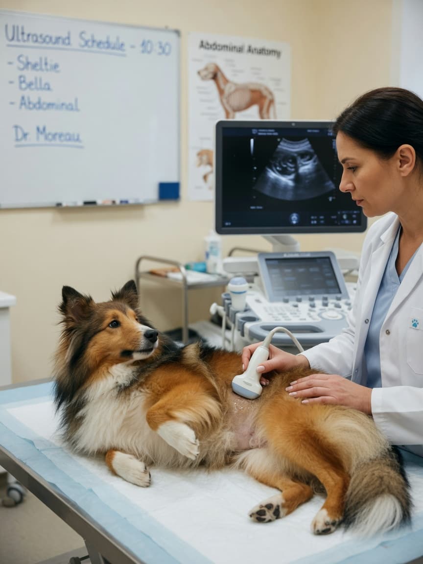 Veterinarian performing abdominal ultrasound on a Shetland Sheepdog to diagnose gallbladder mucocele