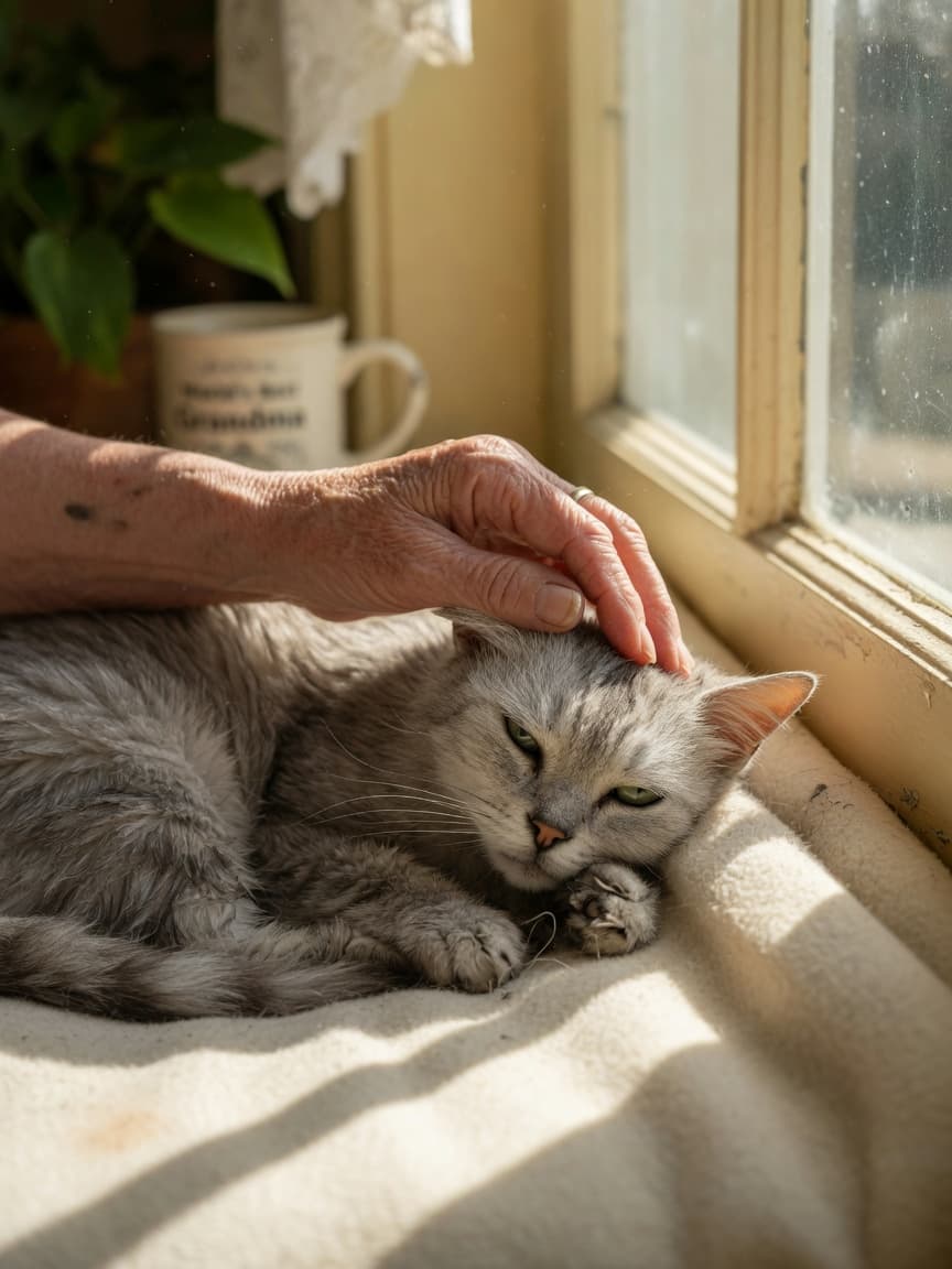Elderly tabby cat resting peacefully on a soft blanket in sunlit window with owner's gentle hand providing comfort